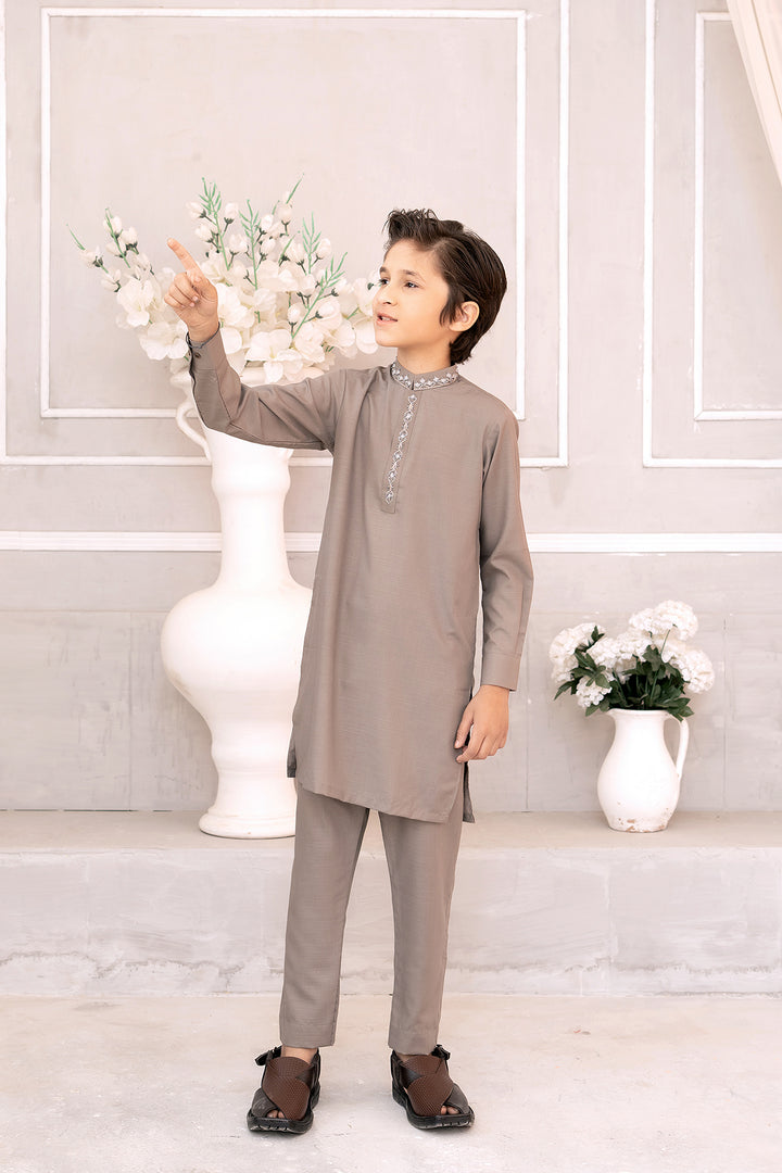 Silver & Fawn Embroidered Kurta Trouser