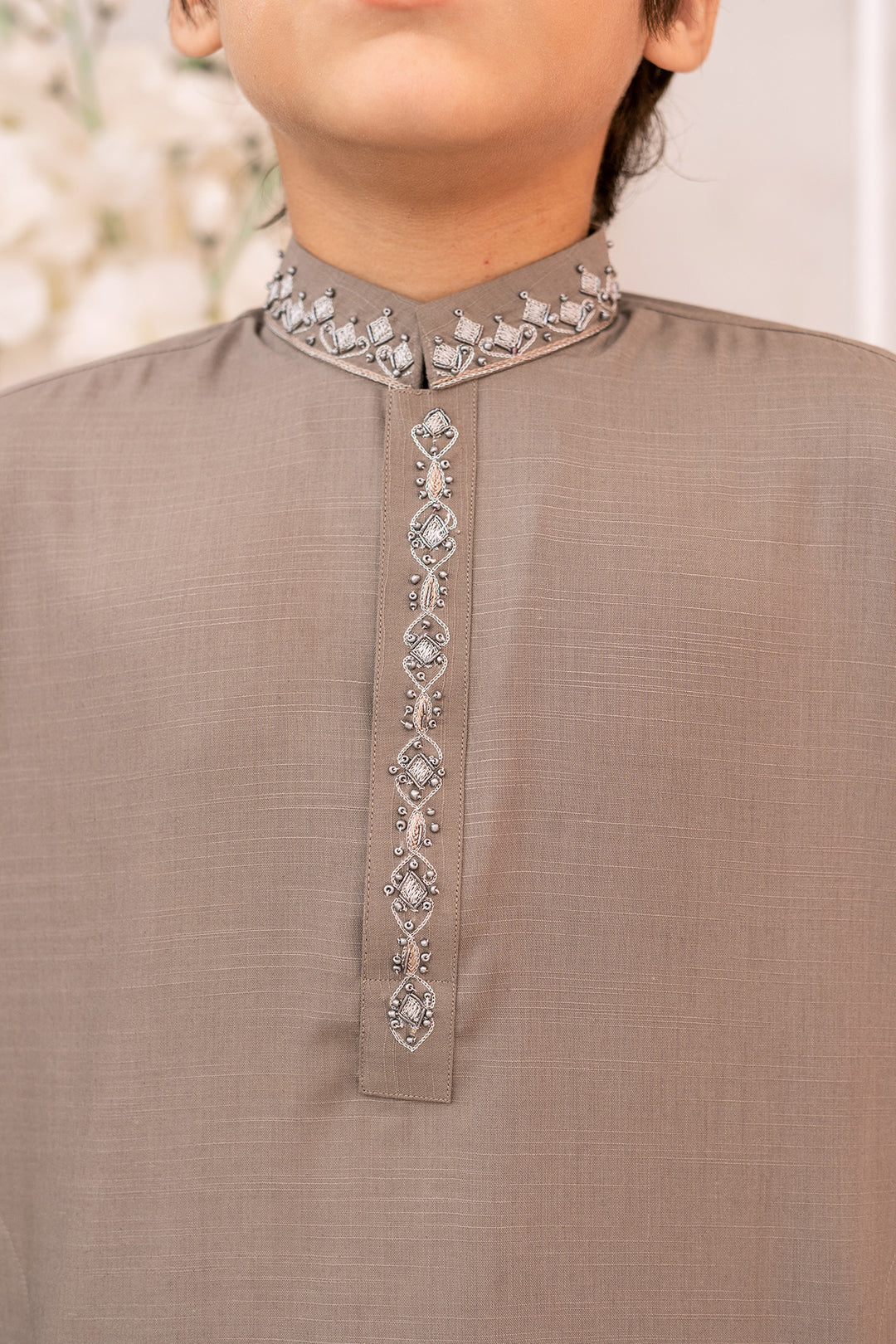 Silver & Fawn Embroidered Kurta Trouser