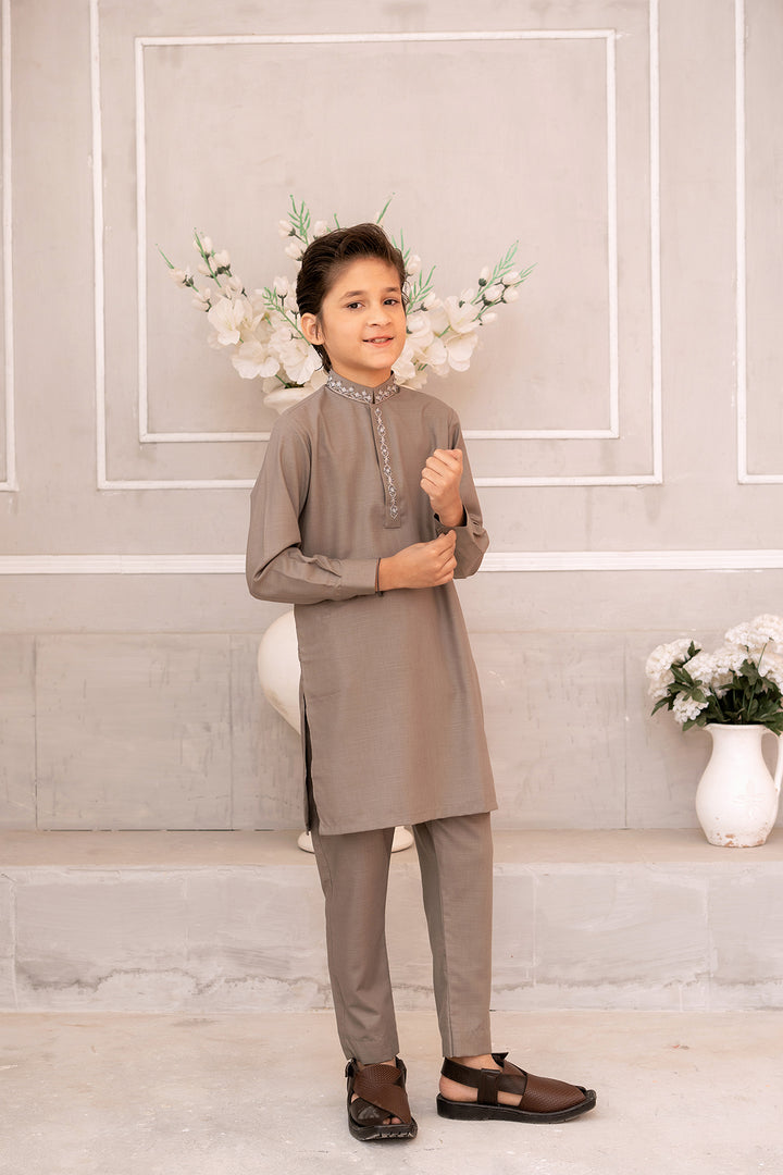 Silver & Fawn Embroidered Kurta Trouser