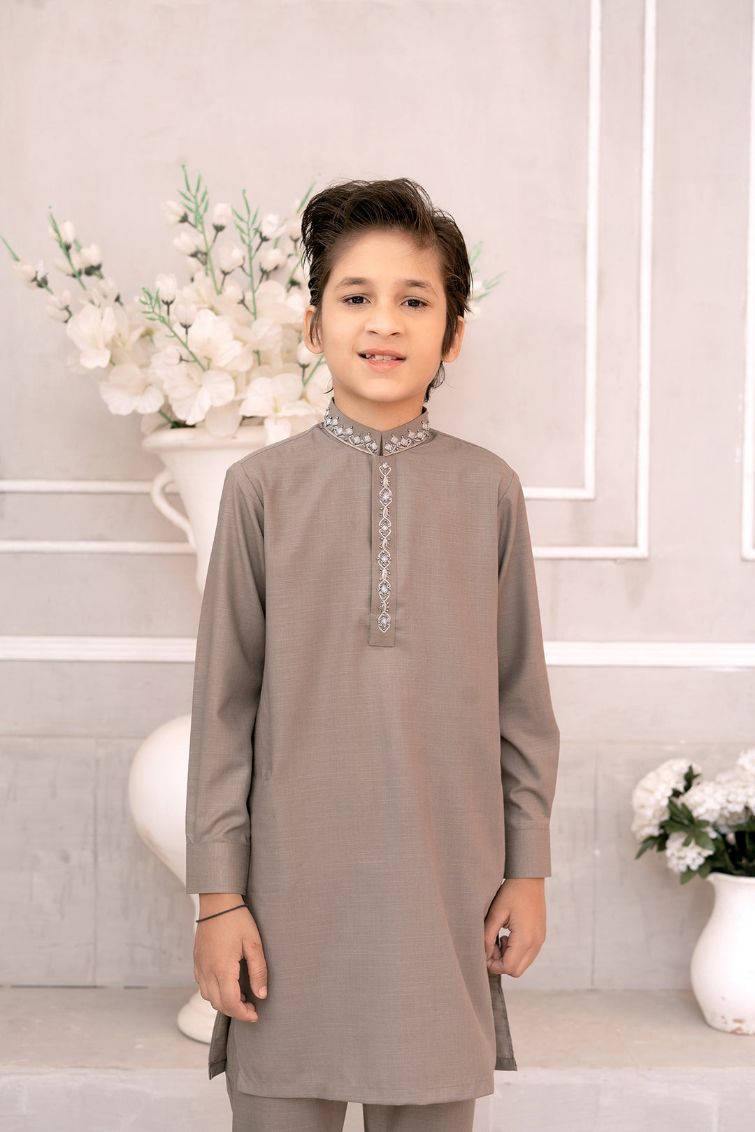 Silver & Fawn Embroidered Kurta Trouser