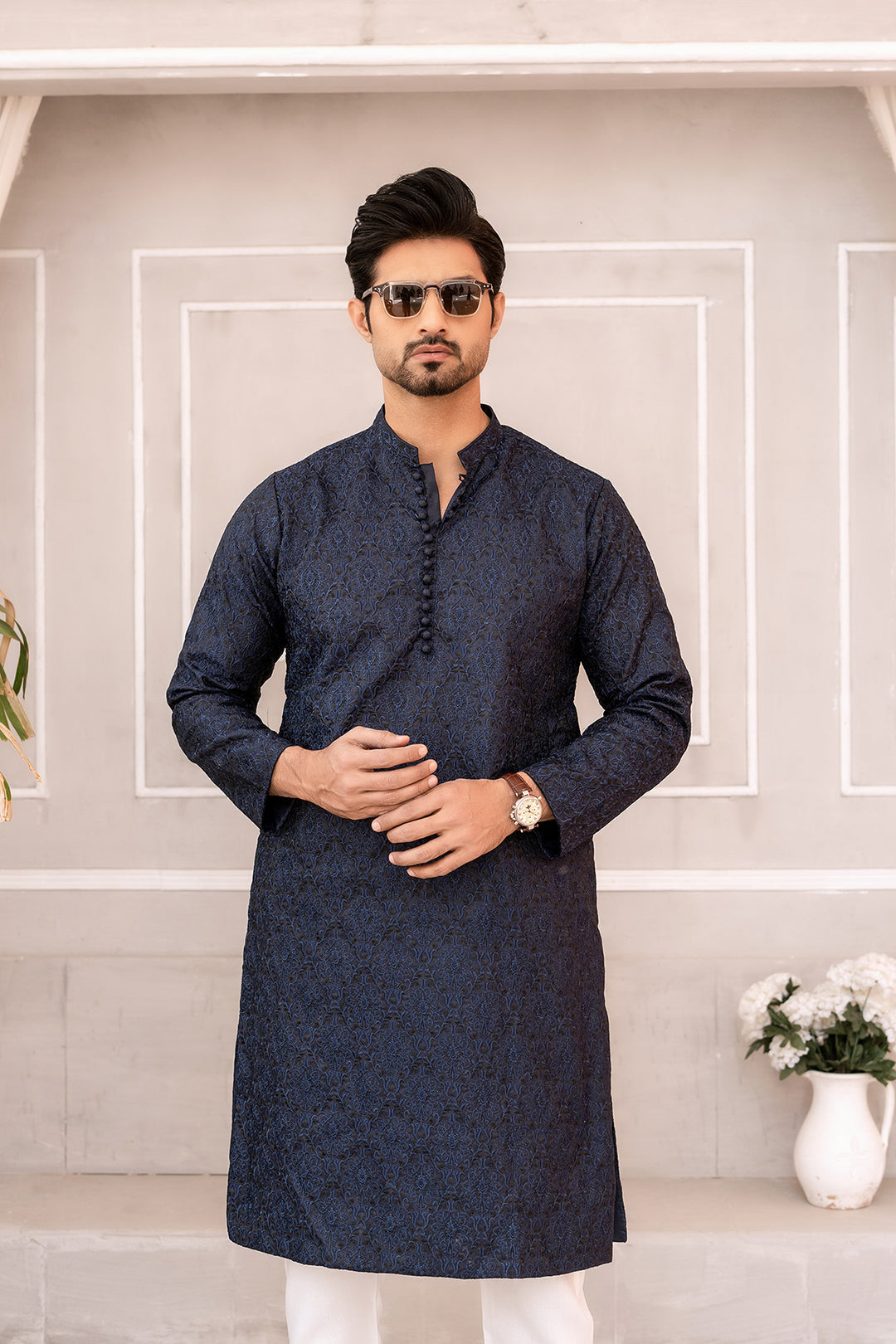 Dark Blue Embroidered Kurta Trouser