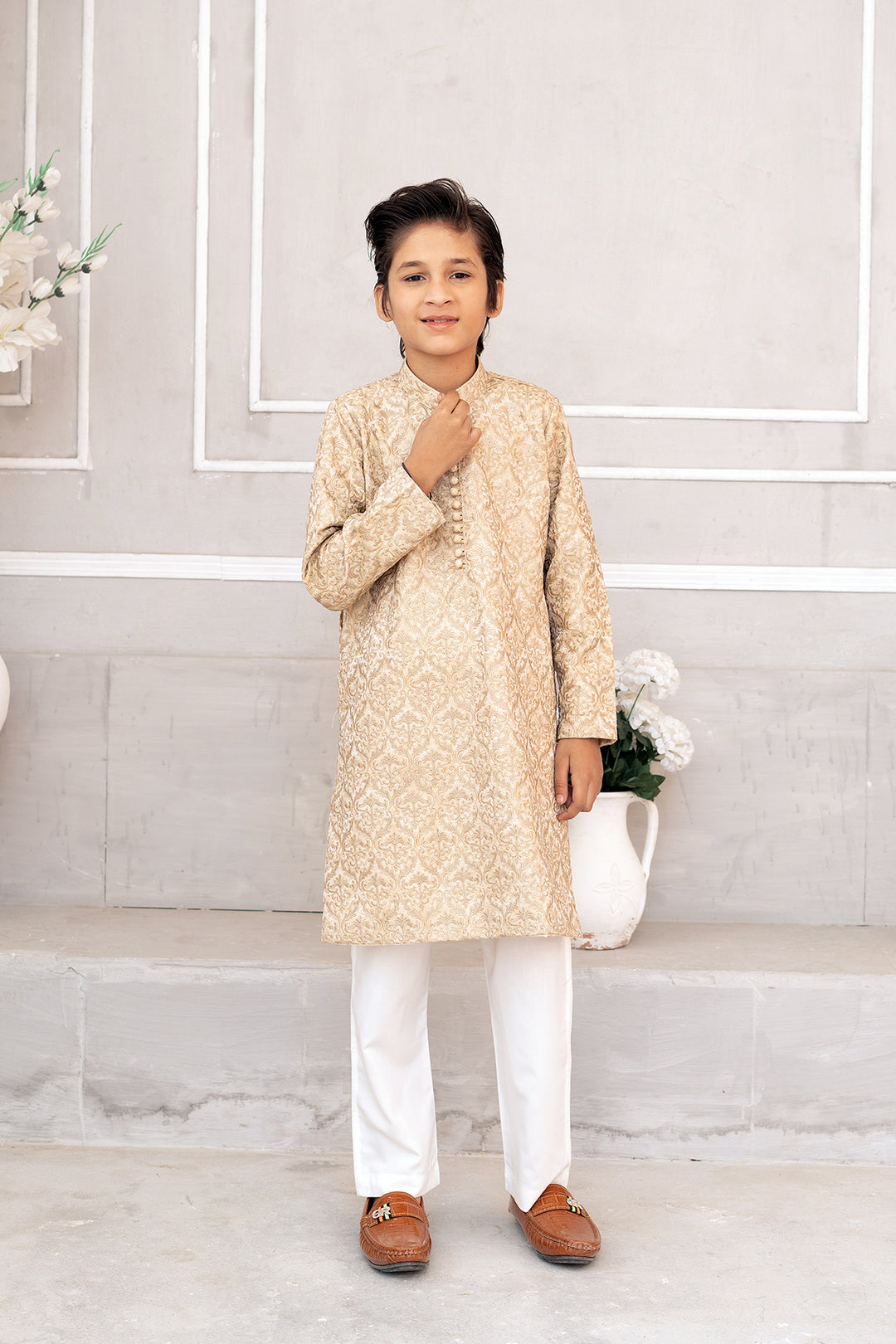 Classic Biege Embroidered Kurta Trouser