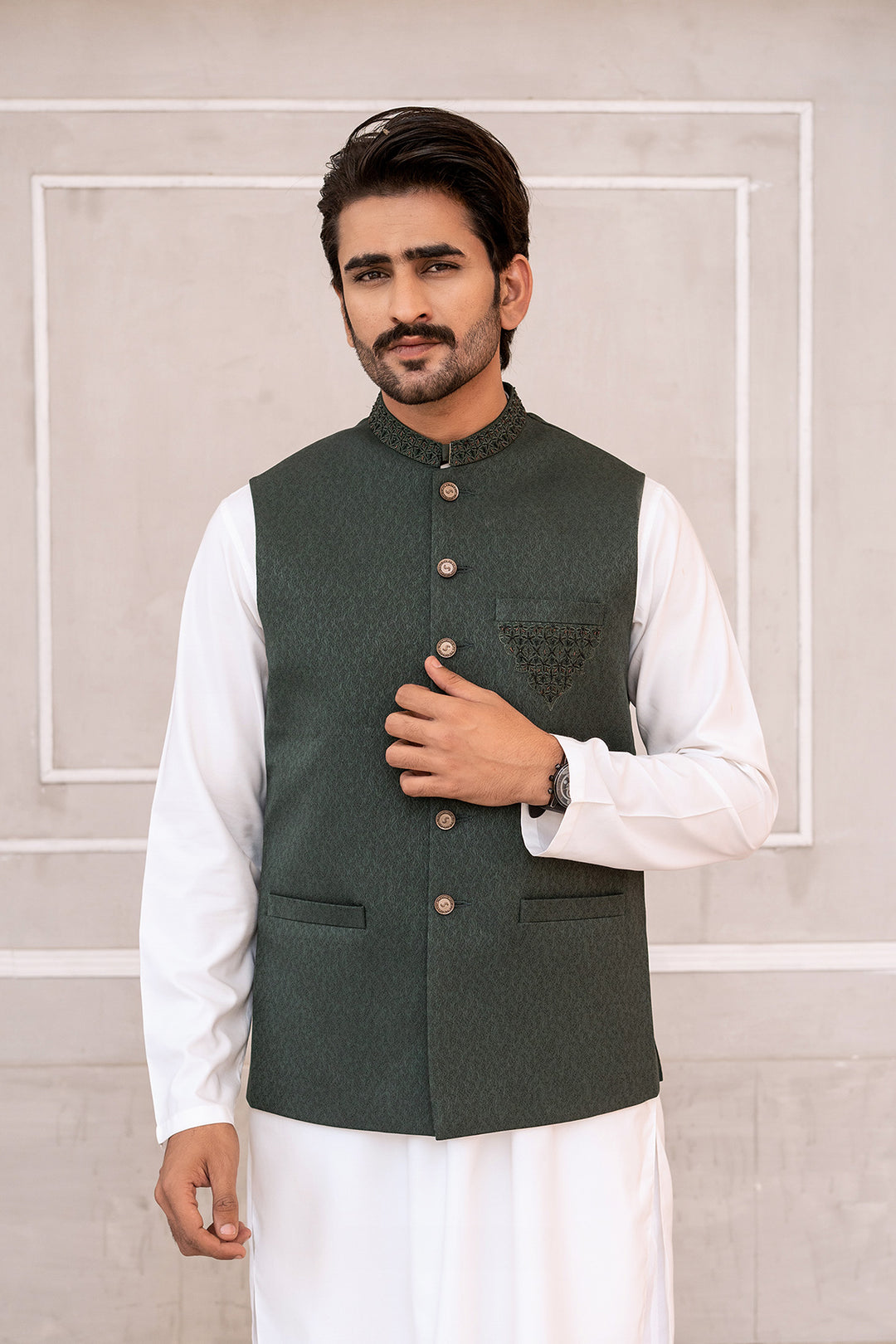 Dark Green Detailed Waist Coat