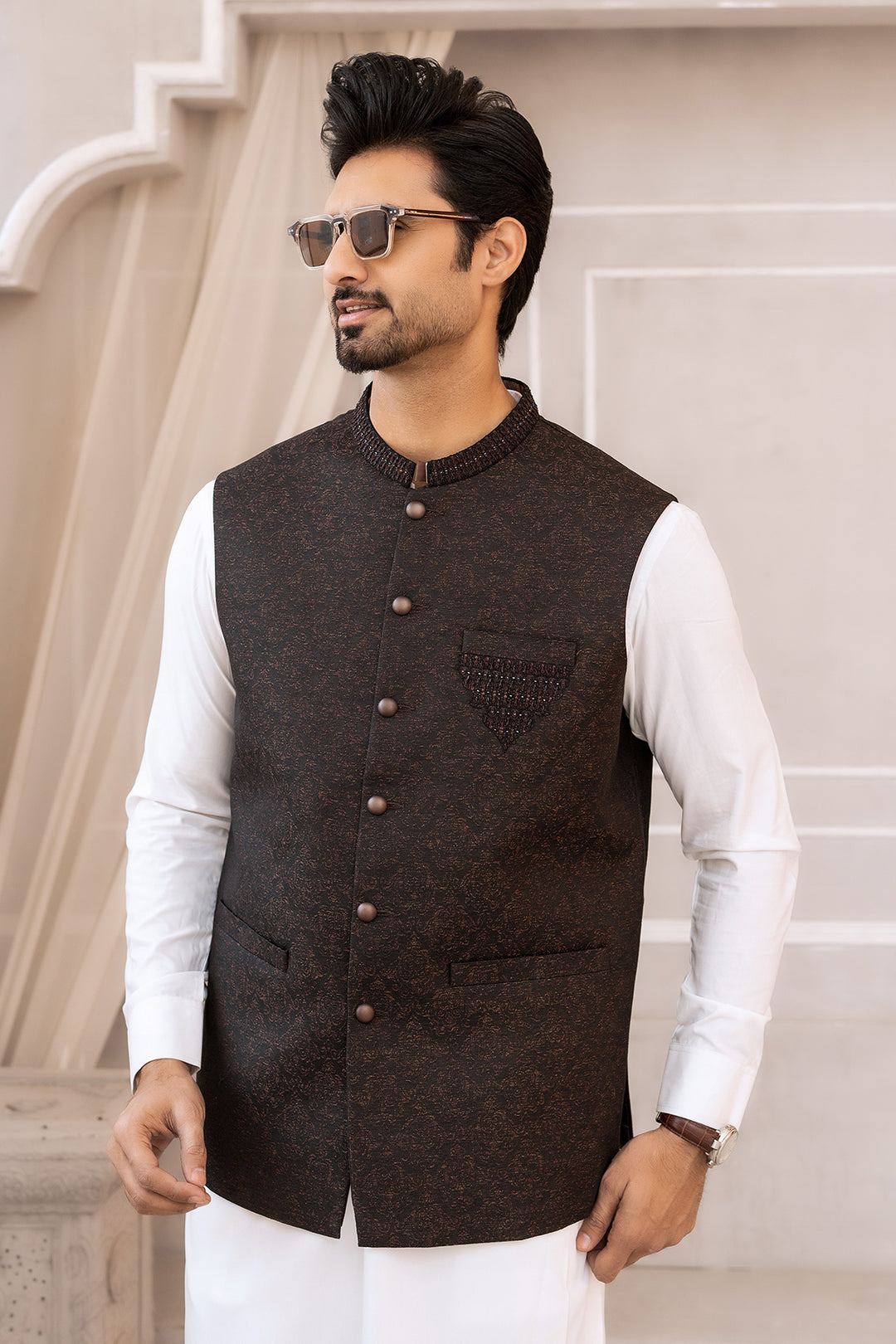 Dark Brown Embroidered Waist Coat