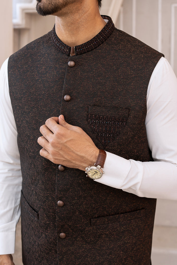 Dark Brown Embroidered Waist Coat