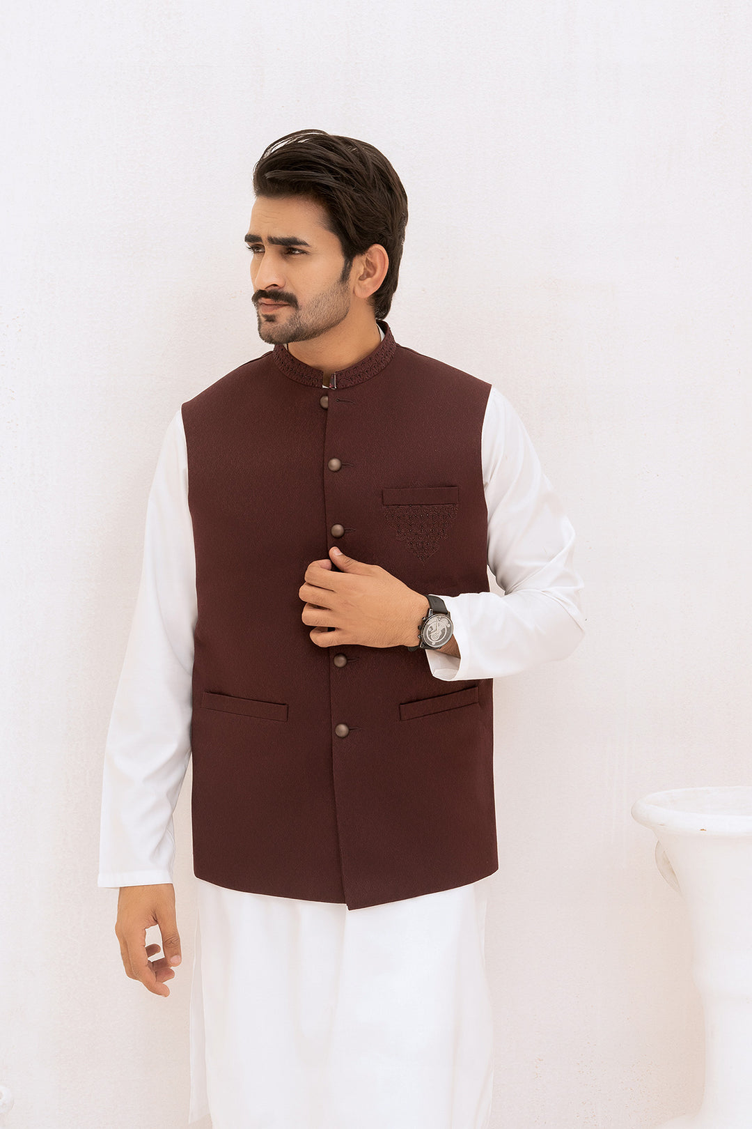 Maroon Detailed Waist Coat