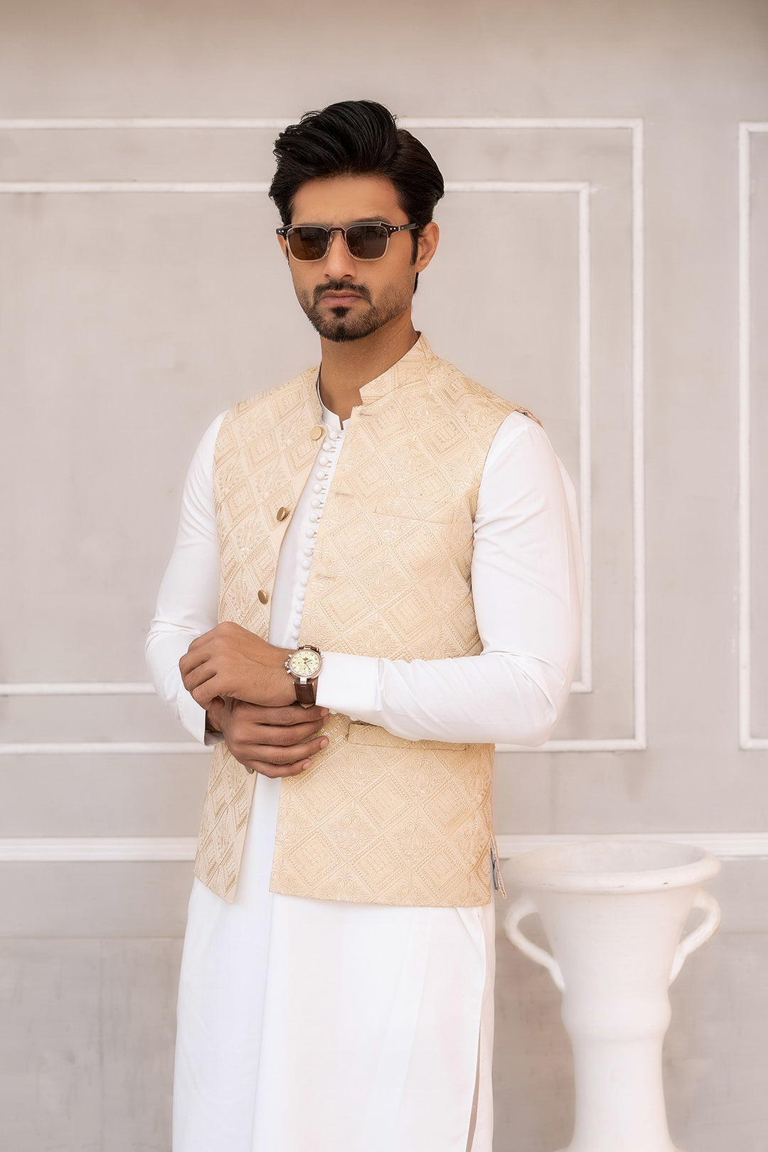 Cream Hand Embroidered Waist Coat